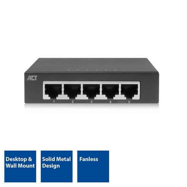 ACT Gigabit Ethernet Switch met 5 poorten - metalen behuizing / zwart