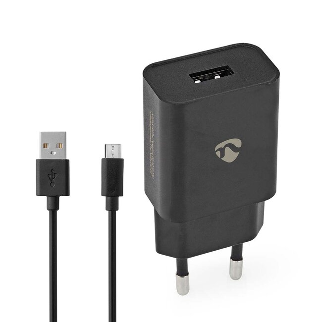Nedis USB-A thuislader met 1 poort en losse Micro USB kabel - 1A / zwart - 1 meter