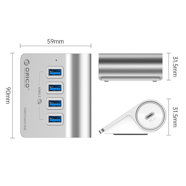 Orico desktop USB-A/USB-C hub met 4 USB-A poorten - busgevoed - USB3.1 (tot 10 Gbit/s) / aluminium - 0,50 meter