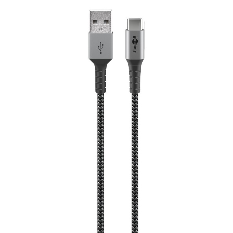 USB-C ™ naar USB-A kabel, extreem veerkrachtig, knikbescherming, gevlochten textielkabel en aluminium behuizing