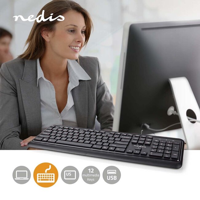 Nedis bedraad USB toetsenbord met 12 multimedia toetsen - QWERTY (US) / zwart - 1,5 meter