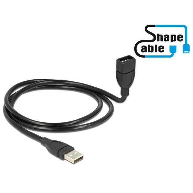 USB-A naar USB-A vormbare verlengkabel - USB2.0 - tot 2A / zwart - 1 meter