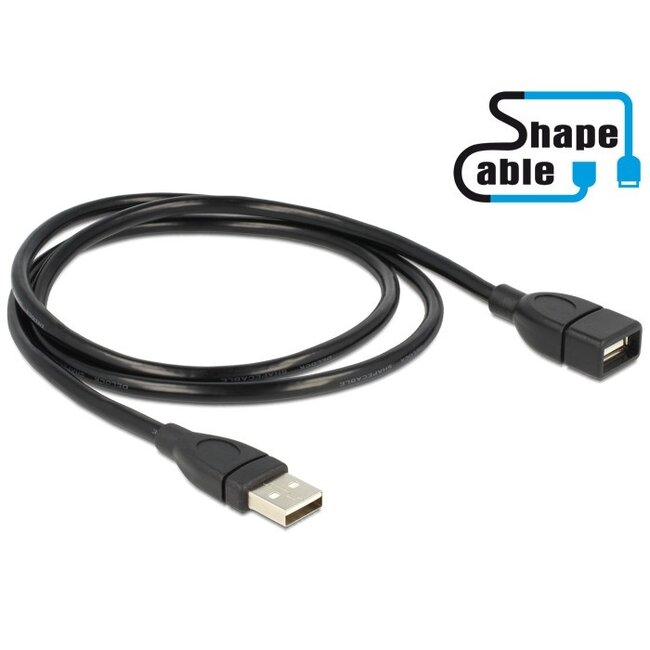 USB-A naar USB-A vormbare verlengkabel - USB2.0 - tot 2A / zwart - 1 meter