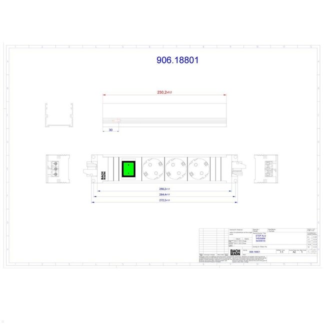 Bachmann stekkerdoos met Wieland GST18® installatiestekker, 3 contacten en schakelaar / zwart/zilver