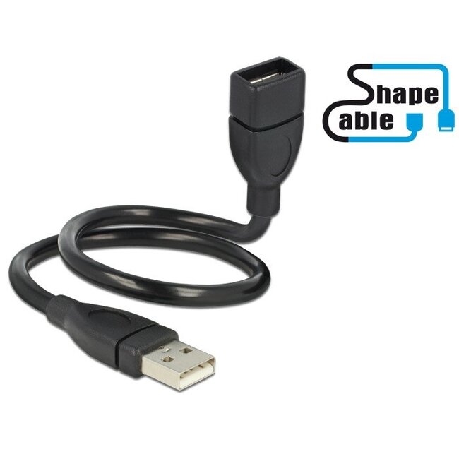 USB-A naar USB-A vormbare verlengkabel - USB2.0 - tot 2A / zwart - 0,35 meter