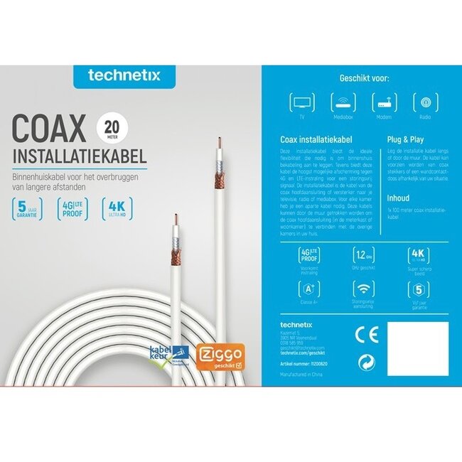 Technetix COAXIH 4G/LTE proof coaxkabel in doos / wit - 20 meter