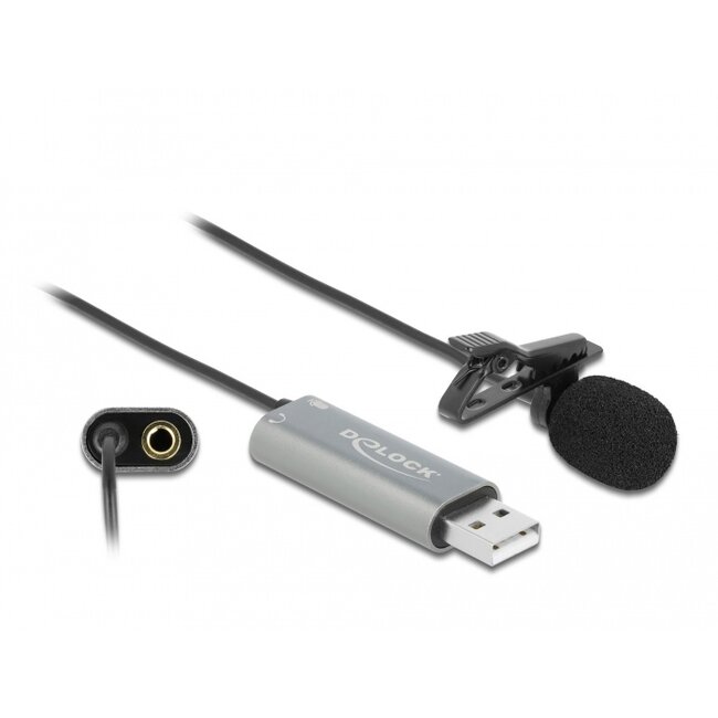 Delock USB Tie Lavalier Microphone Omnidirectional 24 bit / 192 kHz with clip and 3.5 mm stereo jack headphone port