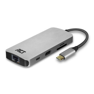 ACT ACT USB-C naar HDMI 4K 30Hz, 2x USB-A, USB-C PD 60W, RJ45 en (Micro) SD adapter / aluminium - 0,15 meter