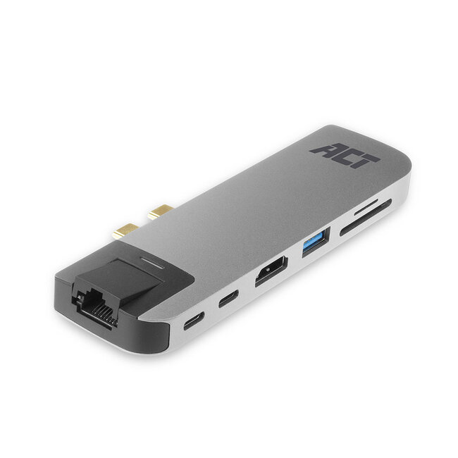 ACT USB-C/Thunderbolt 3 naar HDMI 4K 30Hz, 2x USB-A, USB-C 10Gbps, USB-C PD 100W, RJ45 en (Micro) SD adapter / aluminium