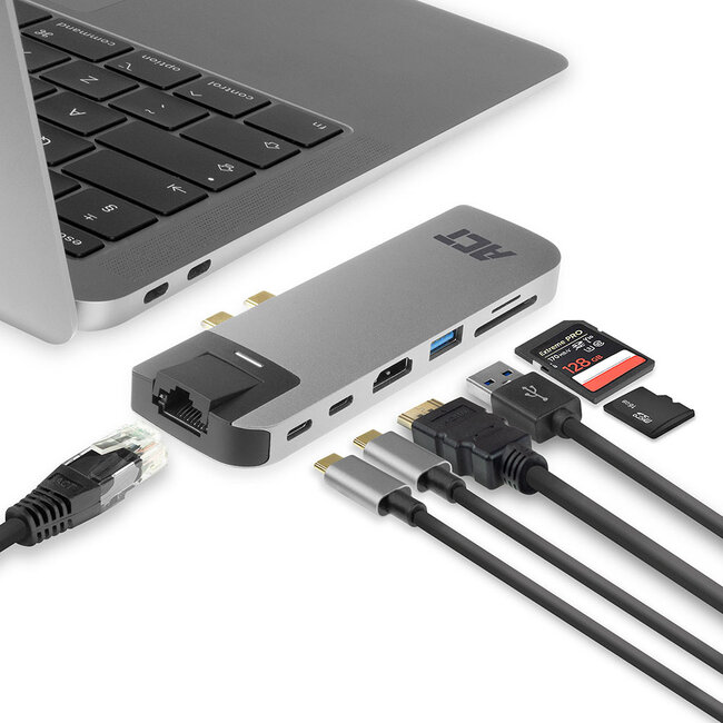 ACT USB-C/Thunderbolt 3 naar HDMI 4K 30Hz, 2x USB-A, USB-C 10Gbps, USB-C PD 100W, RJ45 en (Micro) SD adapter / aluminium