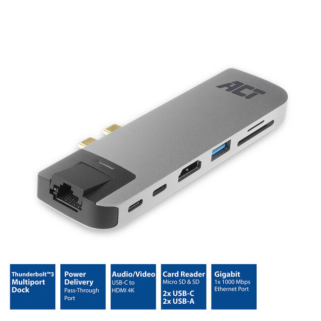 ACT USB-C/Thunderbolt 3 naar HDMI 4K 30Hz, 2x USB-A, USB-C 10Gbps, USB-C PD 100W, RJ45 en (Micro) SD adapter / aluminium