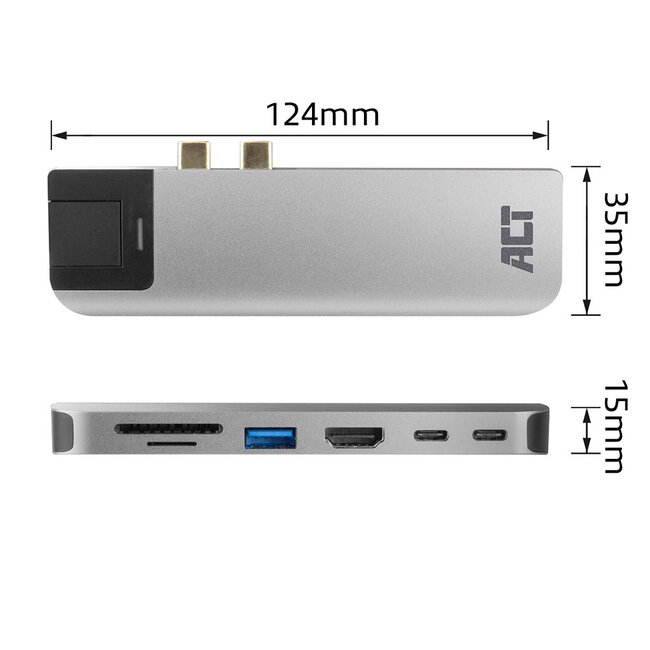 ACT USB-C/Thunderbolt 3 naar HDMI 4K 30Hz, 2x USB-A, USB-C 10Gbps, USB-C PD 100W, RJ45 en (Micro) SD adapter / aluminium