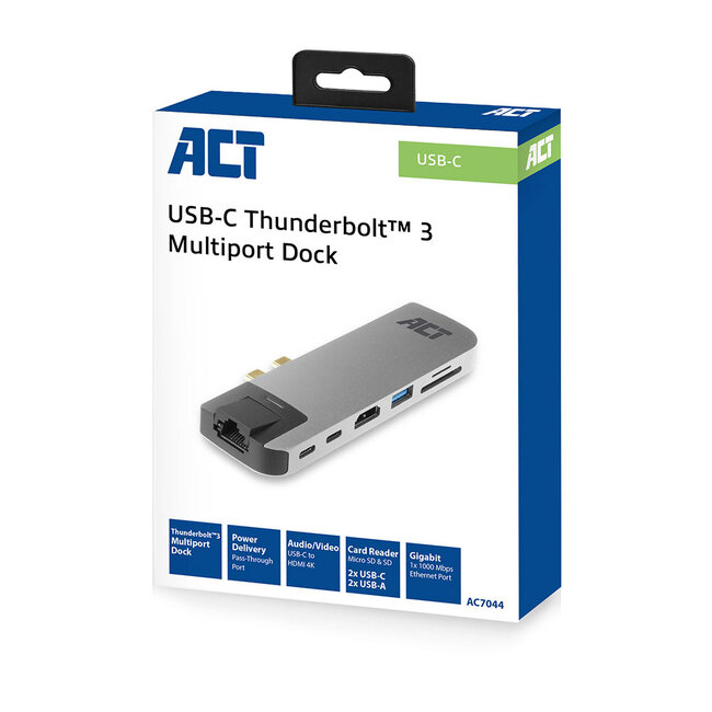 ACT USB-C/Thunderbolt 3 naar HDMI 4K 30Hz, 2x USB-A, USB-C 10Gbps, USB-C PD 100W, RJ45 en (Micro) SD adapter / aluminium