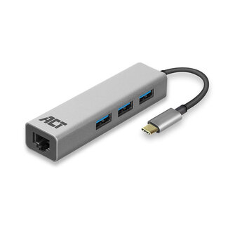 ACT ACT USB-C naar RJ45 Gigabit LAN adapter met 3-poorts USB hub - USB3.0 - CAT6 / aluminium - 0,15 meter