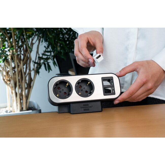 Brennenstuhl Estilo stekkerdoos met 2+7 contacten, 2x Keystone opening en overspanningsbeveiliging / zwart/grijs - 2 meter