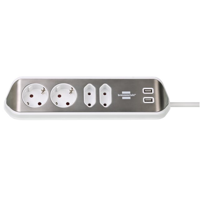 Brennenstuhl Estilo hoek-stekkerdoos met 4 contacten (2+2) en 2x USB / wit/RVS - 2 meter