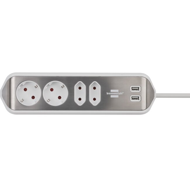 Brennenstuhl Estilo hoek-stekkerdoos met 4 contacten (2+2) en 2x USB / wit/RVS - 2 meter