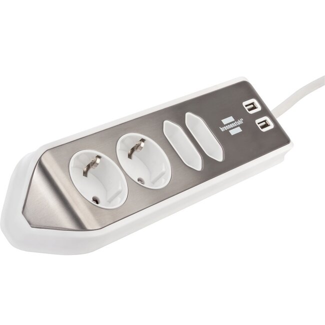 Brennenstuhl Estilo hoek-stekkerdoos met 4 contacten (2+2) en 2x USB / wit/RVS - 2 meter