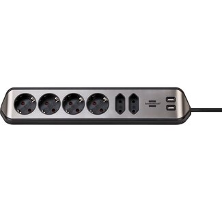 Brennenstuhl Brennenstuhl Estilo hoek-stekkerdoos met 6 contacten (4+2) en 2x USB / zwart/RVS - 2 meter