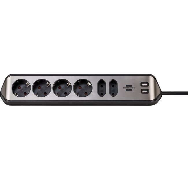 Brennenstuhl Estilo hoek-stekkerdoos met 6 contacten (4+2) en 2x USB / zwart/RVS - 2 meter