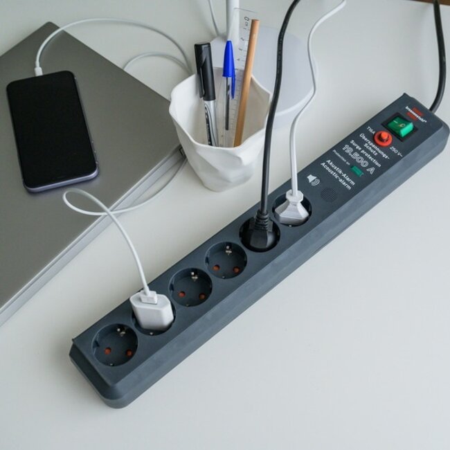 Brennenstuhl Secure-Tec stekkerdoos met 6 contacten en overspanningsbeveiliging met akoestisch alarm / zwart - 2 meter