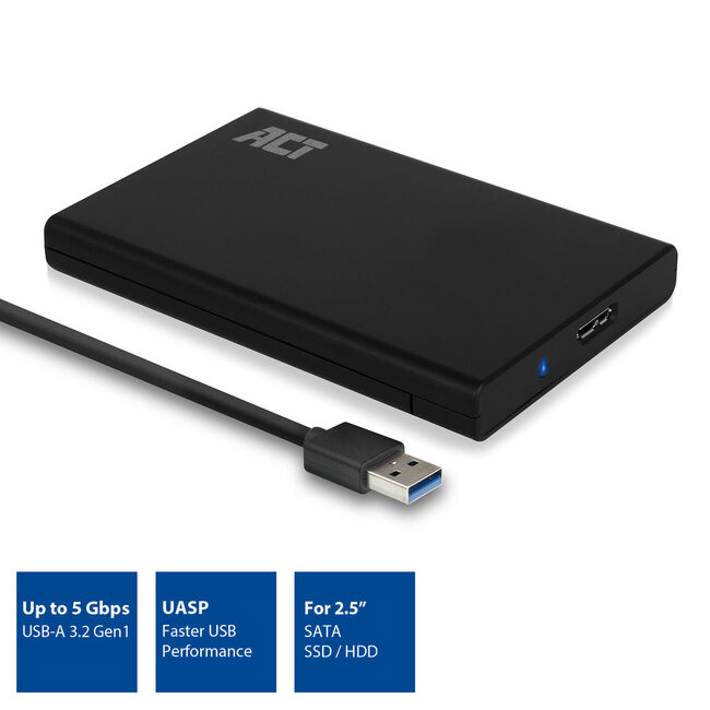 ACT HDD behuizing voor 2,5'' SATA HDD/SSD - USB3.0 (5 Gbps) - kunststof (toolless) / zwart