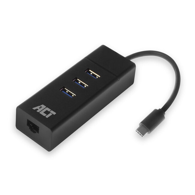 ACT USB-C naar RJ45 Gigabit LAN adapter met 3-poorts USB hub - USB3.0 - CAT6 / zwart - 0,15 meter