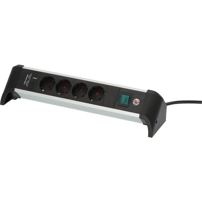 Brennenstuhl Alu-Office-Line stekkerdoos met 4 contacten en 2x USB (1x PD) / zwart - 1,8 meter