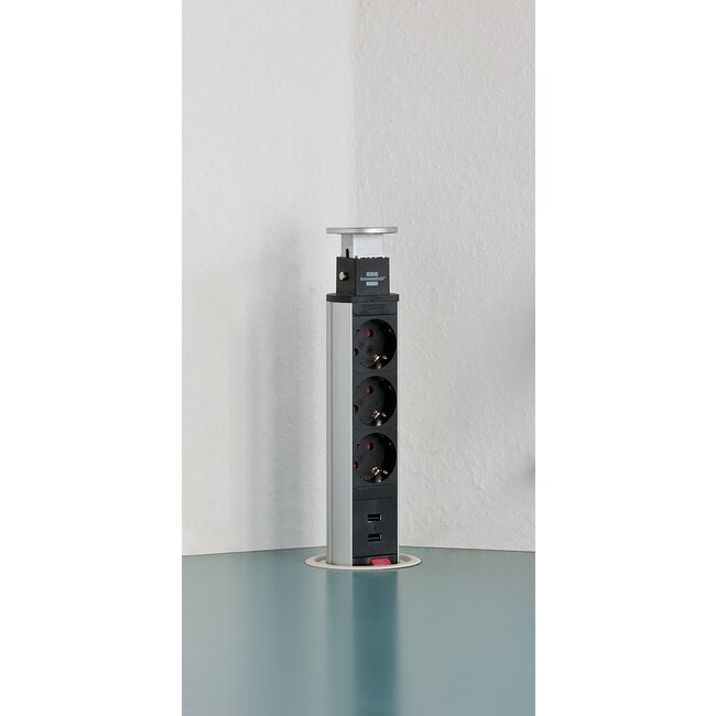 Brennenstuhl Tower Power bureau-inbouw stekkerdoos met 3 contacten en 2x USB / zilver/zwart - 2 meter