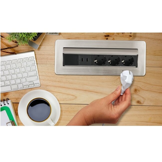 Brennenstuhl Indesk-Power bureau-inbouw stekkerdoos met 3 contacten en 2x USB / aluminium - 2 meter