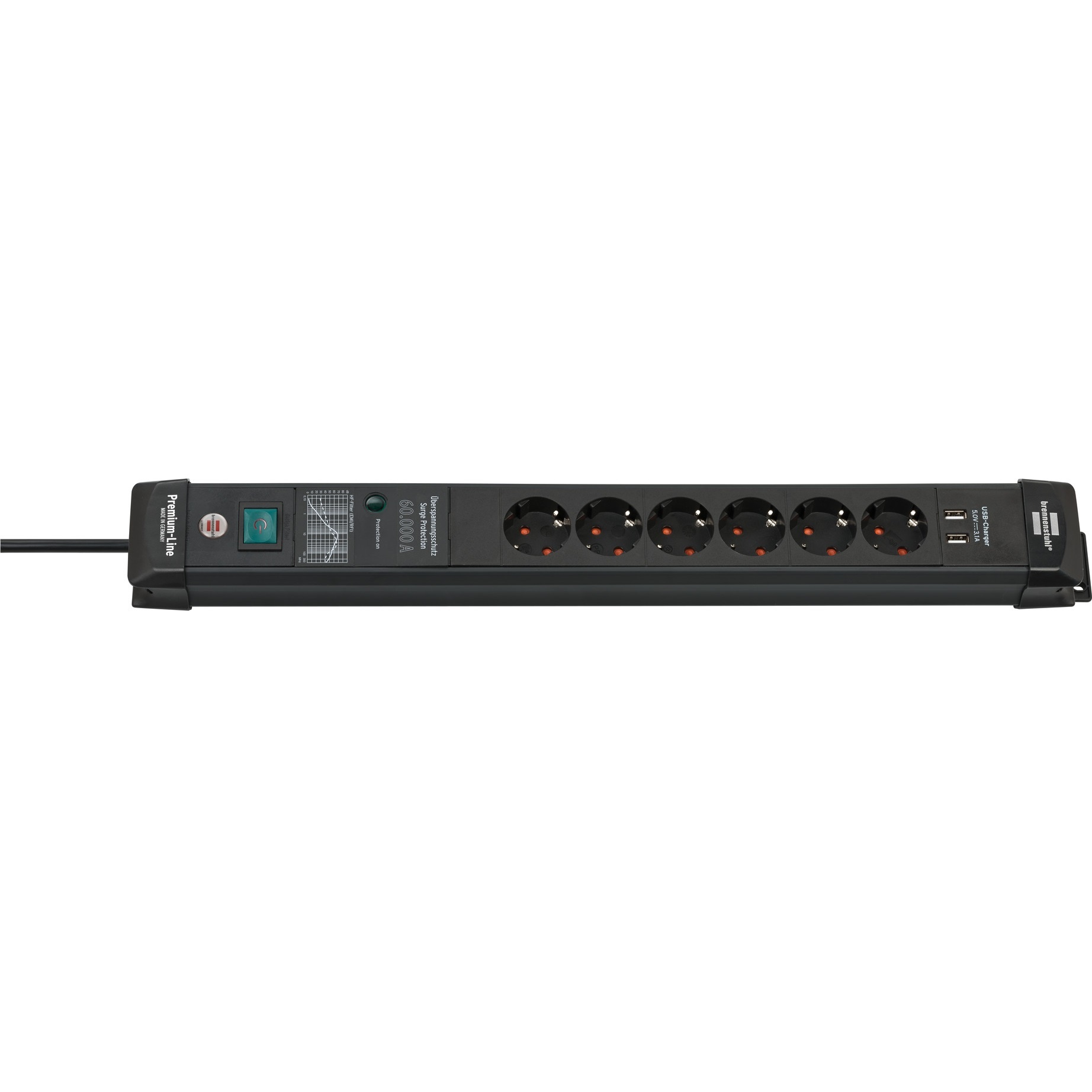 Brennenstuhl 1951160606 Stekkerdoos 6 Sockets | Premium Line | 2x USB-A | Aan/Uit Schakelaar | Overspanningsbeveiliging | Zwart | 3 meter
