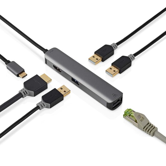 Nedis USB-C naar HDMI 4K 60Hz, USB-A en RJ45 adapter / grijs - 0,20 meter