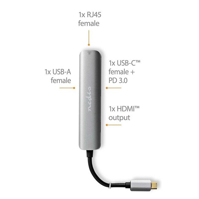 Nedis USB-C naar HDMI 4K 60Hz, USB-A, USB-C PD 100W en RJ45 adapter / grijs - 0,20 meter