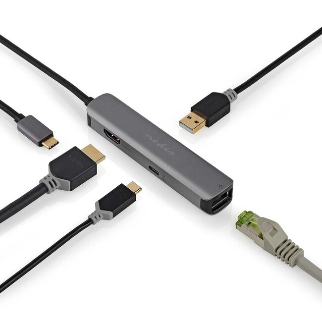 Nedis USB-C naar HDMI 4K 60Hz, USB-A, USB-C PD 100W en RJ45 adapter / grijs - 0,20 meter