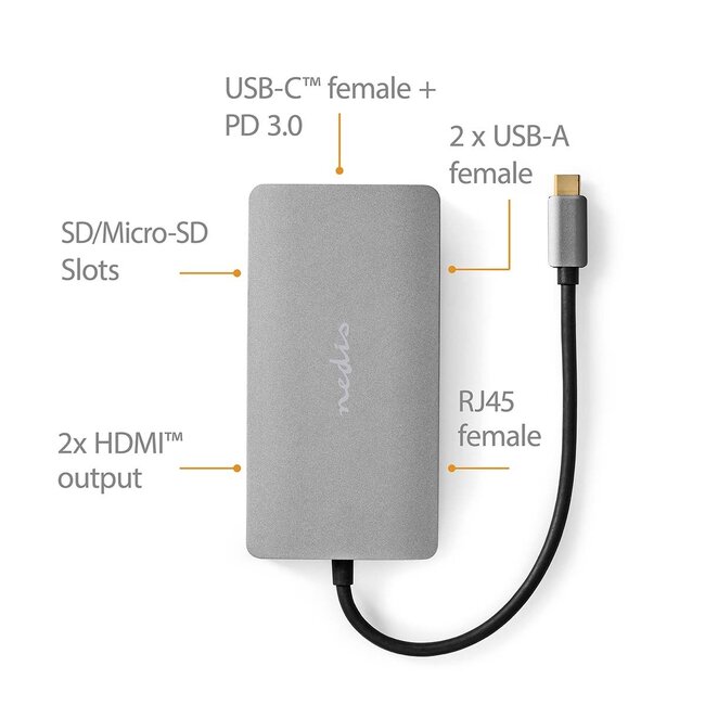 Nedis USB-C naar 2x HDMI 4K 30Hz, USB-A, USB-C PD 100W, RJ45 en (Micro) SD adapter / grijs - 0,20 meter