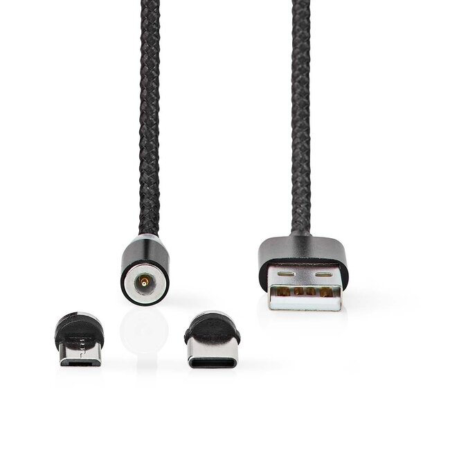 Nedis Micro USB + USB-C naar USB-A kabel met magneetconnector - USB2.0 - tot 2A / zwart - 2 meter