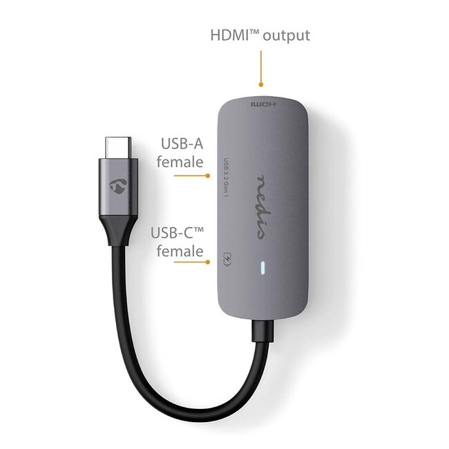 Nedis USB-C naar HDMI 4K 30Hz, USB-A en USB-C PD 100W adapter / grijs - 0,10 meter