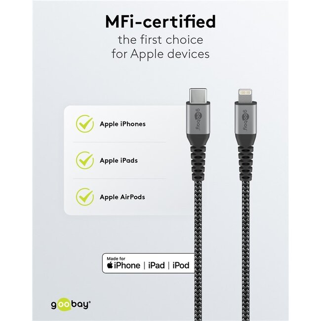 Goobay 8-pins Lightning naar USB-C kabel - USB2.0 - tot 60W / nylon - 0,50 meter