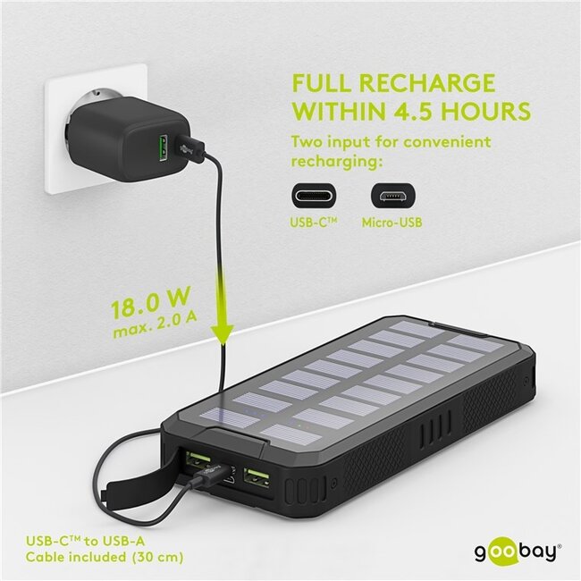 Goobay Powerbank Fast Charge Solar met 2x USB-A en 1x USB-C (max. 3A) - 20.000 mAh / zwart