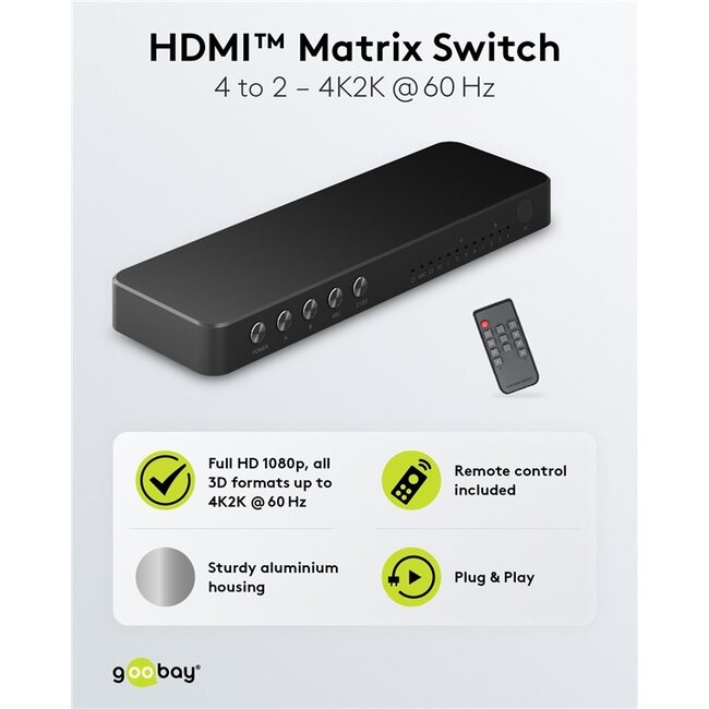 Goobay HDMI matrix schakelaar 4 naar 2 met audio extractor en ARC converter - HDMI2.0 (4K 60Hz + HDR) / zwart