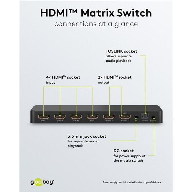 Goobay HDMI matrix schakelaar 4 naar 2 met audio extractor en ARC converter - HDMI2.0 (4K 60Hz + HDR) / zwart
