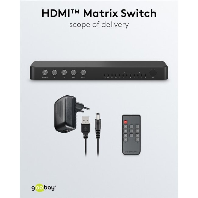 Goobay HDMI matrix schakelaar 4 naar 2 met audio extractor en ARC converter - HDMI2.0 (4K 60Hz + HDR) / zwart