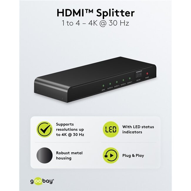 Goobay HDMI splitter 1 naar 4 - HDMI1.4 (4K 30Hz) / zwart