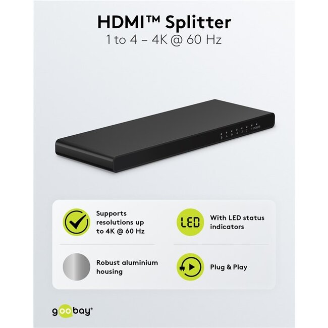 Goobay HDMI splitter 1 naar 4 - HDMI2.0 (4K 60Hz + HDR) / zwart