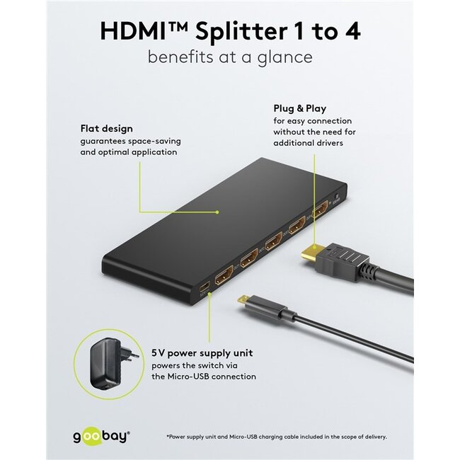 Goobay HDMI splitter 1 naar 4 - HDMI2.0 (4K 60Hz + HDR) / zwart