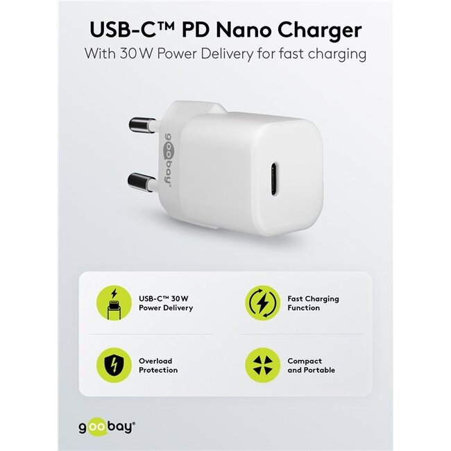 Goobay nano thuislader met 1 USB-C PD poort - GaN - 30W / wit