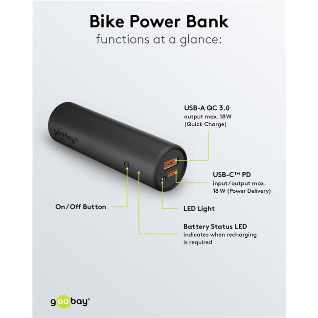 Goobay Fiets Powerbank Fast Charge met 1x USB-A en 1x USB-C (max. 3A) - 5.000 mAh / zwart