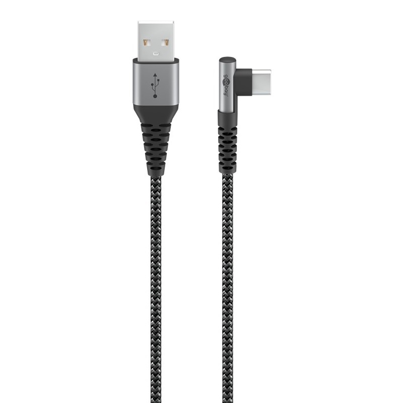 Goobay USB-C™ to USB-A Textile Cable with Metal Plugs (Space Grey/Silver), 90°, 2 m |