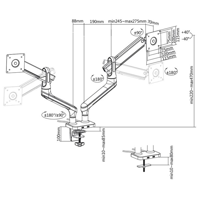 My Wall bureaubeugel voor 2 monitoren tot 32 inch / interactief / 2 USB poorten / zwart/zilver