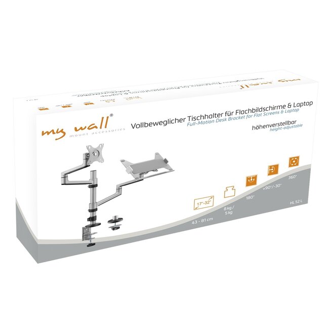 My Wall bureaubeugel voor monitoren tot 32 inch en notebooks tot 17,3 inch / full motion / zilver